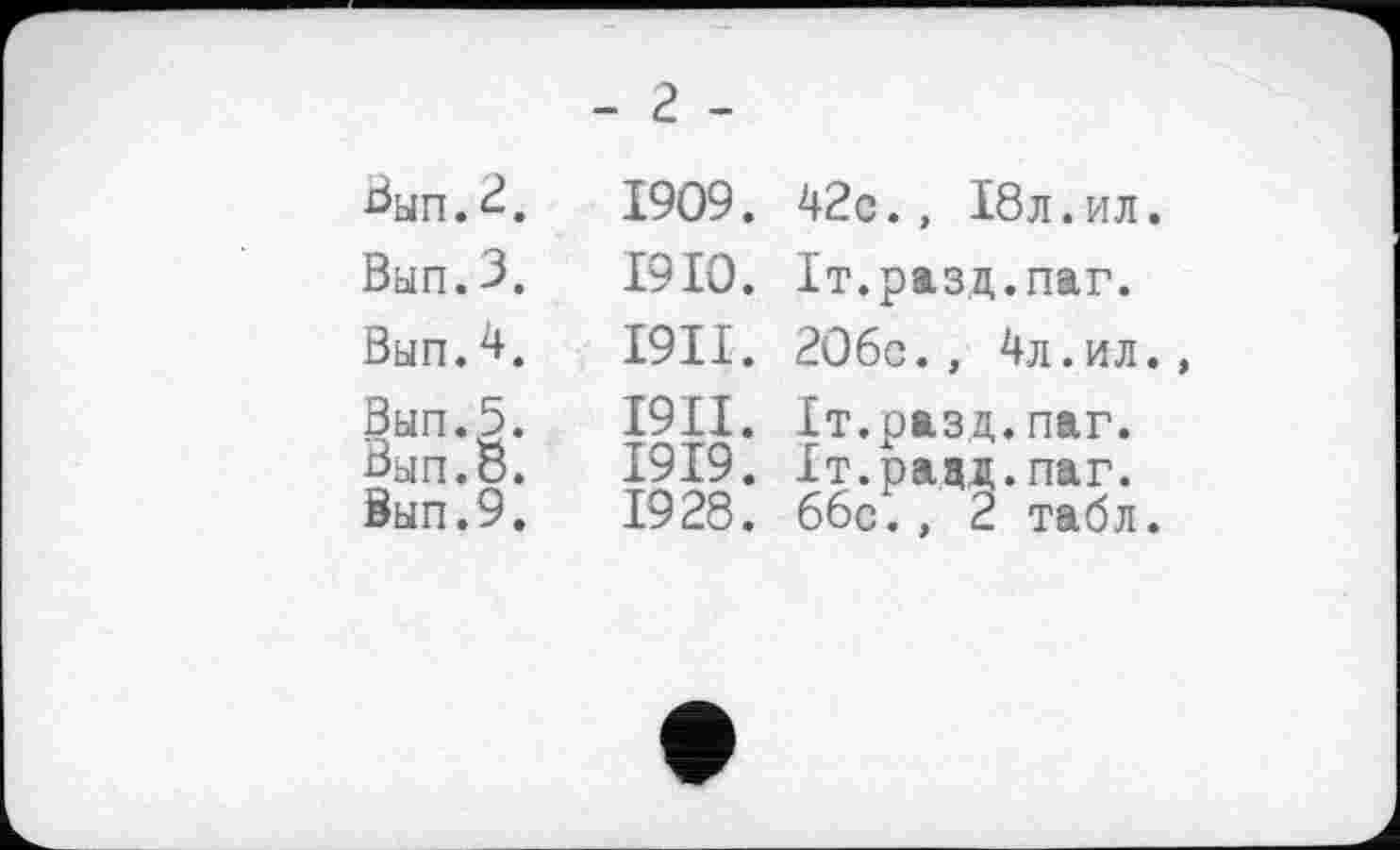 ﻿^ЫП.2.
Вып.3.
Вып.4.
Выи.5.
Вып.б.
8ып.9.
- г -
1909.
1910.
1911.
І9ІІ.
1919.
1928.
42с., 18л.ил.
Іт.разд.паг.
20бс., 4л.ил.
1т.разд,паг.
Іт.радд.паг.
66с., 2 табл.